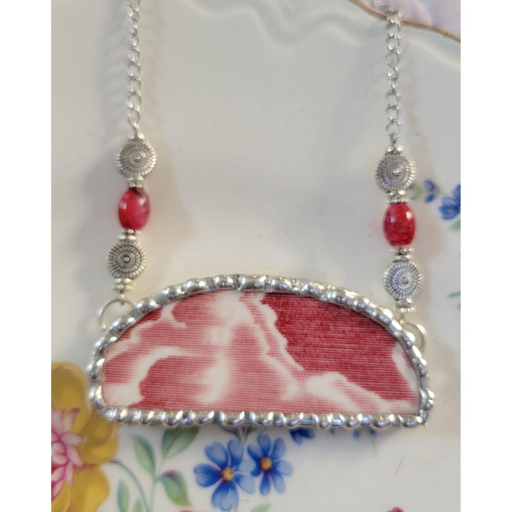 Broken China Red & White Clouds Soldered Pendant Necklace